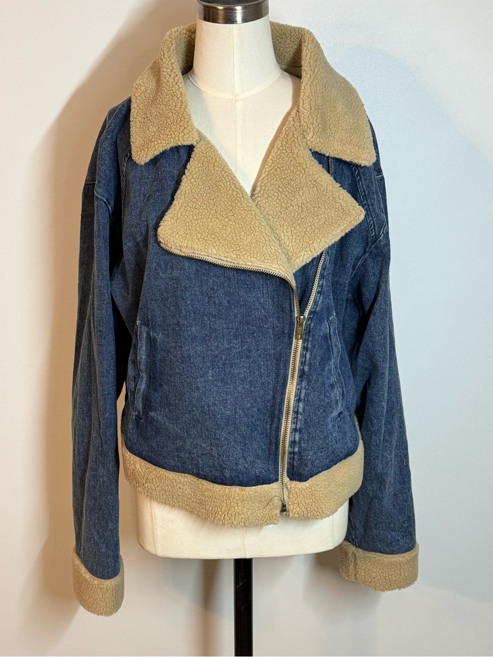 Blue Denim Sherpa-Lined Jacket with Tan Faux Shearling Trim